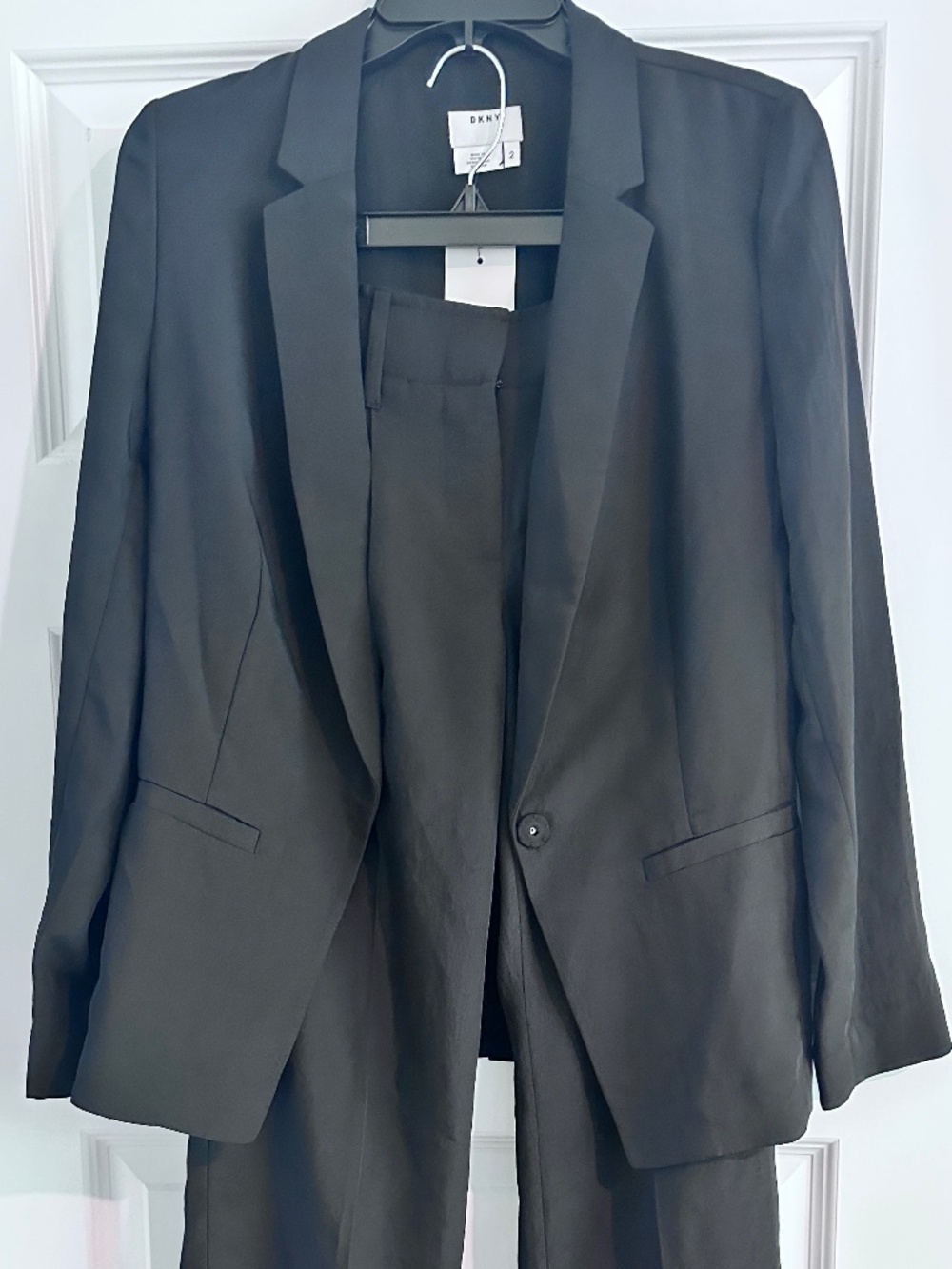 DKNY linen-silk like Black suit with sheer back and taper leg size 2